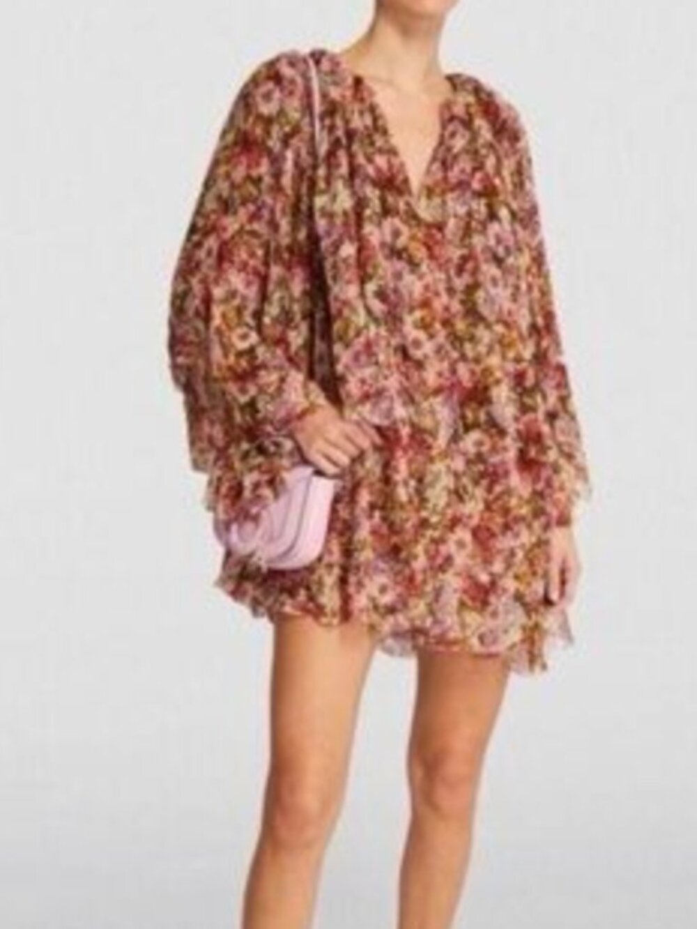 NWT DÔEN Idette Tiered Ruffled Floral-Print Silk-Georgette Mini Dress | Size L